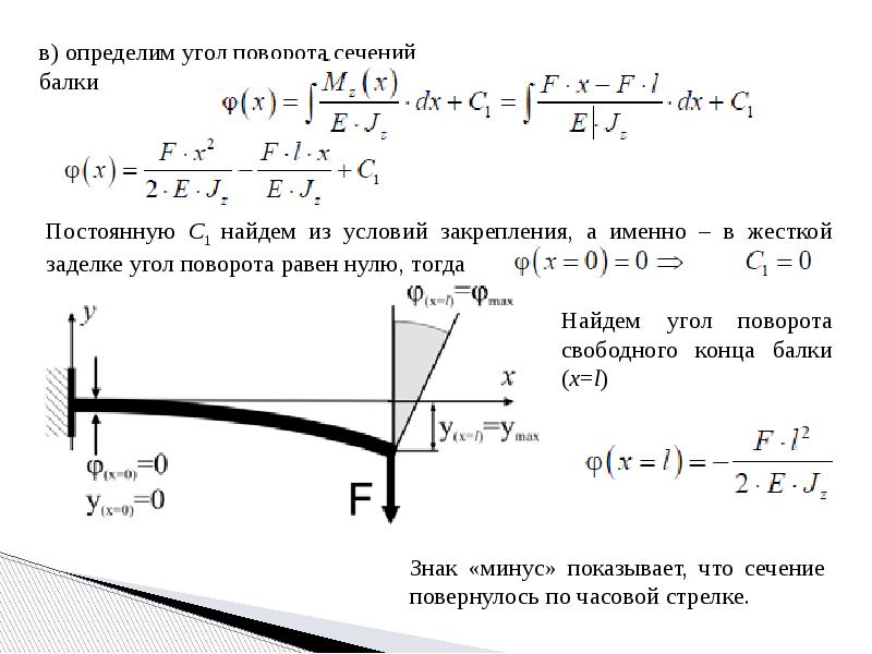 Угол поворота. Перемещения консольной балки при изгибе. Формула угла поворота балки.