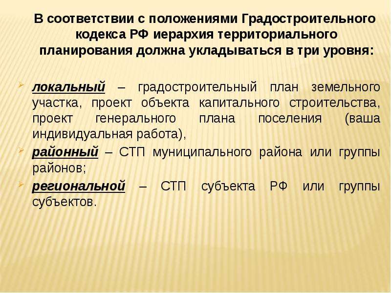 В соответствии с положениями Градостроительного кодекса РФ иерархия территориального планирования до