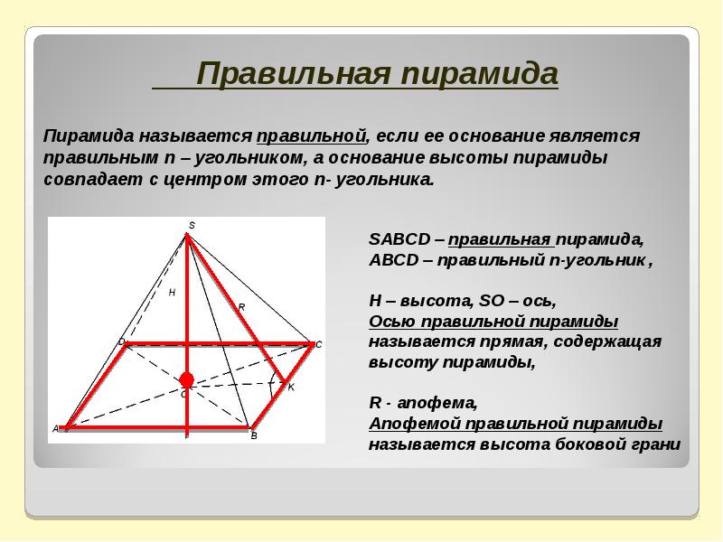 Пирамида править. Свойства правильной четырехугольной пирамиды. Характеристика правильной пирамиды. Правильная пирамида и ее свойства. Правильная пирамида определение.