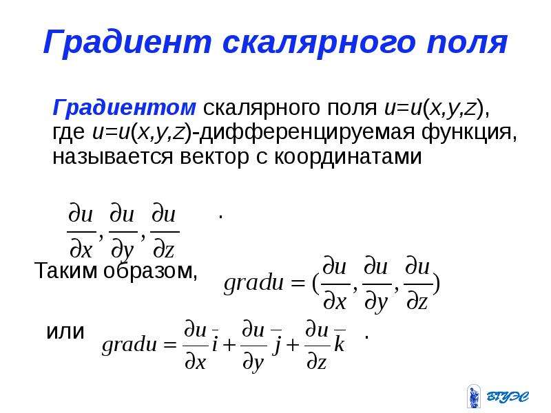 Градиент функции в точке. Градиент функции скалярного поля. Градиент скалярного поля функции нескольких переменных. Полный дифференциал, градиент, производная по направлению.. Производная по направлению и градиент скалярного поля.