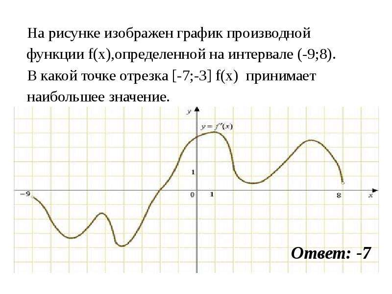 Определенной на интервале 9 8. Функция принимает наибольшее значение (-8;3). Найдите точку из отрезка производная равна 0. В какой точке отрезка f x принимает наибольшее значение (-7;8). В какой точке отрезка [−7; 9] функция принимает наибольшее значение.