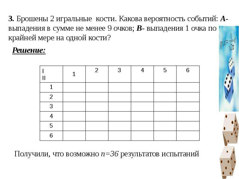 Бросают два кубика какова. Таблица вероятностей событий. Вероятность с игральными костями. Теория вероятности игральные кости таблица. Брошена Игральная кость какова вероятность событий а-выпало 1 очко.