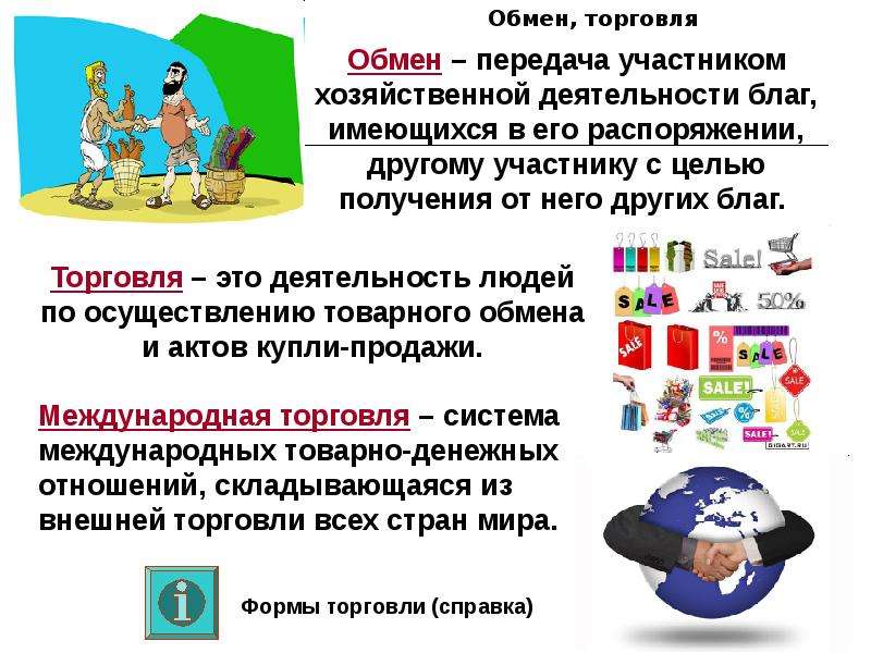 Участники экономической деятельности. Торговля это в обществознании. Торговля это в экономике. Обмен и торговля Обществознание. Примеры обмена в экономике.