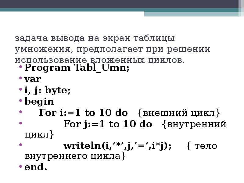 Вывести таблицу чисел. Вложенные циклы Паскаль таблица умножения. Вложенные циклы Паскаль. Задачи на вложенные циклы. Вывести на экран таблицу умножения.