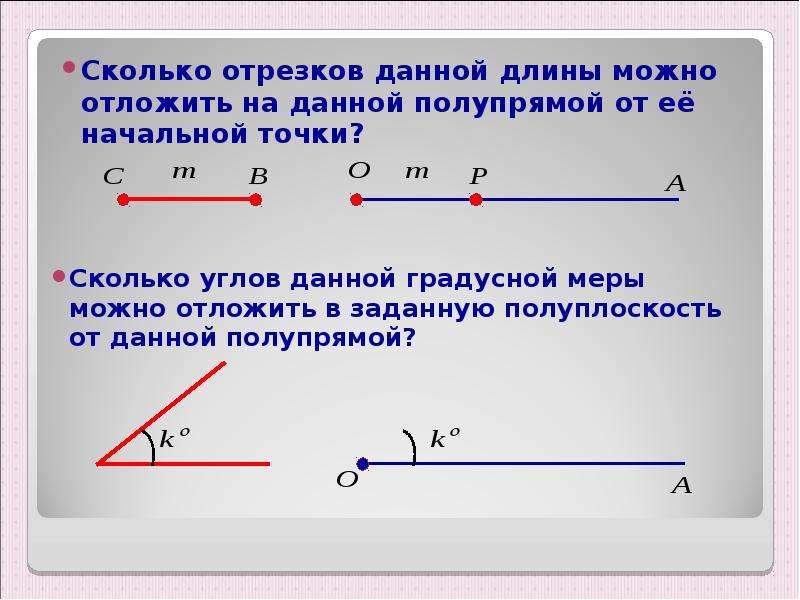 Сумма длин отрезков. Сколько отрезков. Отложить отрезки на прямых. Полупрямая.