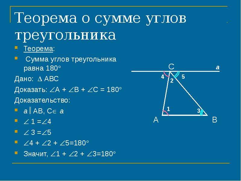 Сумма углов треугольника 7. 1. Теорема о сумме углов треугольника. Доказать теорему о сумме углов треугольника 7 класс. Теорема о сумме углов треугольника с доказательством. Теорема о сумме углов треугольника 7 класс.