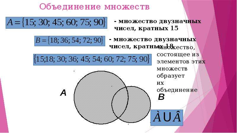 Выбрать множество равное множеству. Множества 5 класс. Формула объединения множеств. Объединение множеств рисунок. Мощность объединения множеств.