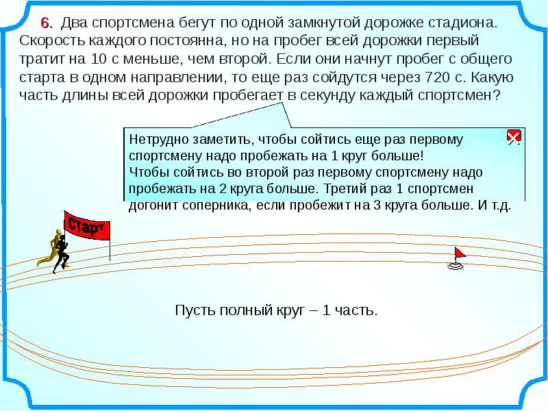 2 спортсмена одновременно. Математическая модель задачи на движение. Два спортсмена одновременно начинают бежать в одном направлении. Скажи задачу по дорожке пробежал.