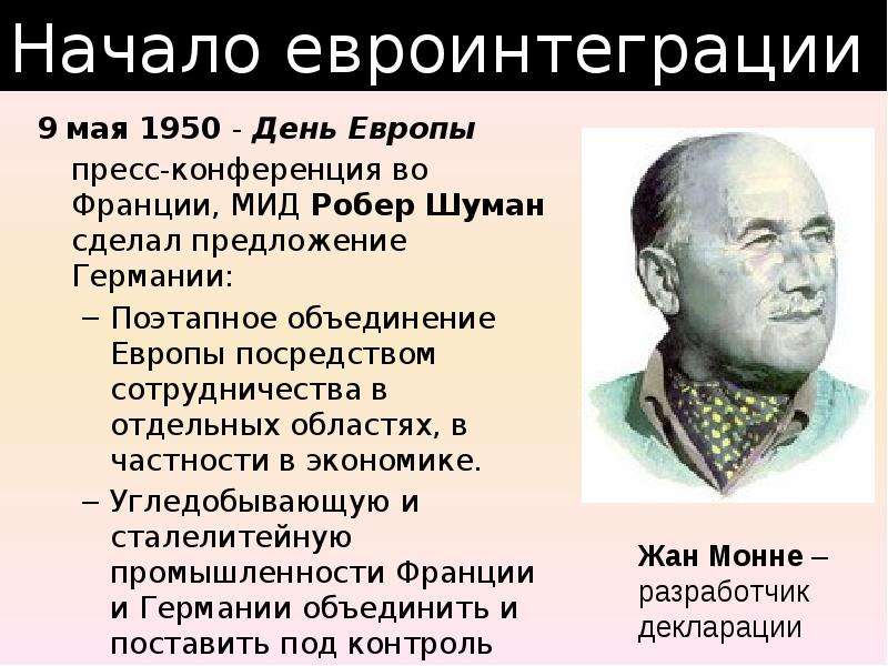 Объединение Европы Шуман. Декларация Шумана 9 мая 1950 года. Страны основательницы европейской интеграции. Робер Шуман министр иностранных дел Франции годы правления.